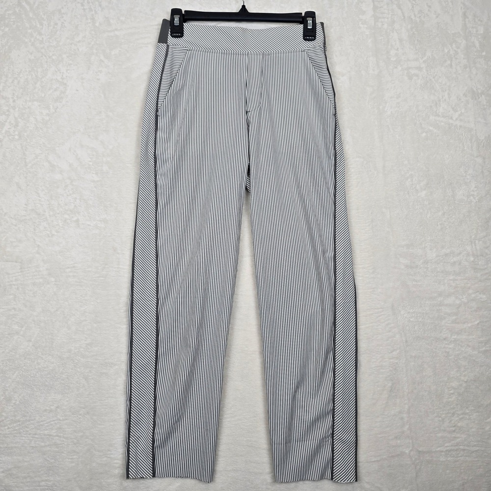Athleta Brooklyn Ankle Pants Gray White Pinstripe Side Stripe 0 Tall 0T 988050